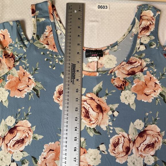 Discreet Women Maxi Dress 3X Blue Floral Shift Short Sleeve Cold Shoulder - Picture 6 of 10